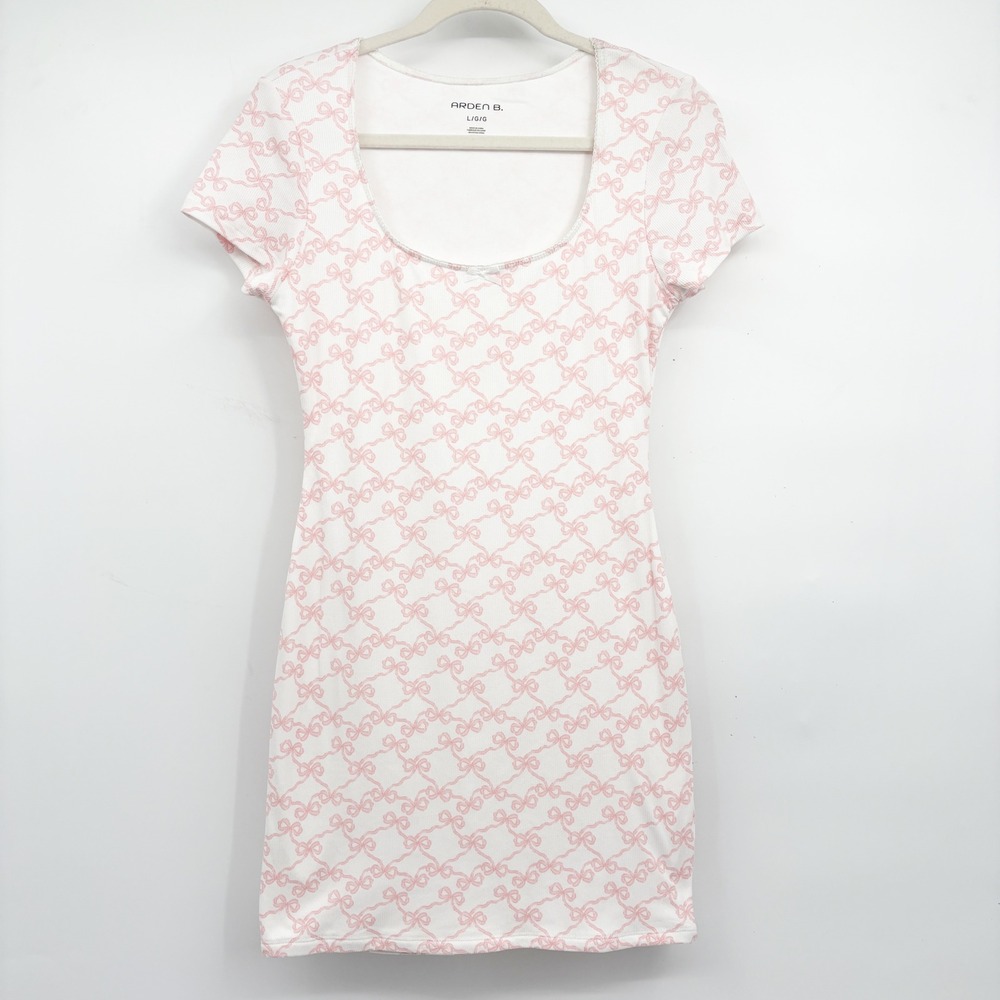 Arden B‎ Womens Pink Bow Print Coquette Y2K Ribbed Bodycon Mini Dress Size L